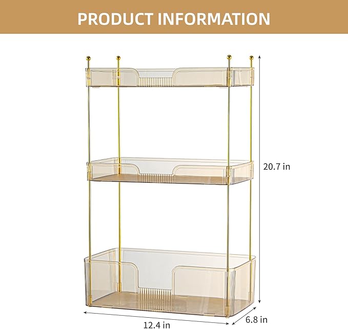Akinbas 3 Tier Bathroom Organizer Countertop Makeup Perfume Tray Skincare Organizer for Bathroom Dresser Vanity (Gold)