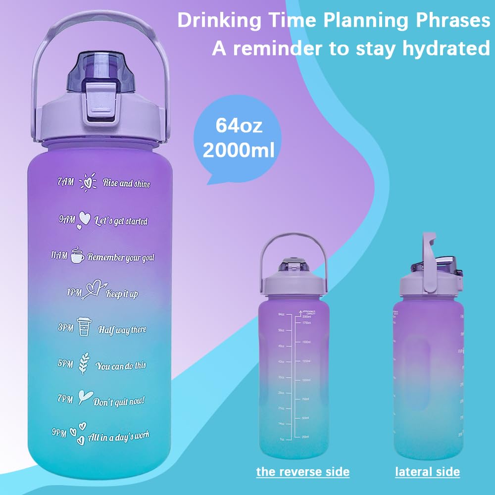 EITMOW 64 oz Large Capacity Water Bottle with Motivational Time Markers and Straw, Portable, Leakproof, BPA Free for Fitness, Gym and Outdoor Sports. (Purple)