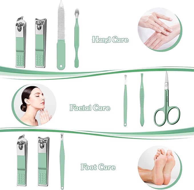 Manicure Set 8 in 1 Nail Clipper Set,RedFlow Nail Clippers,Fingernail & Toenail Clippers,Manicure Tools,Pedicure Tools,Suitable for Travel Manicure Kit,Nail Set Kit with Everything Profe (Green)