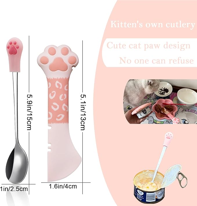 SJANE 4 Pcs Cat Food Can Spoon & Can Covers | Cute Paw Silicone Pet Food Opener Spatula & Lids | Stainless Steel Wet Food Spoon for Cats and Dogs(Pink)