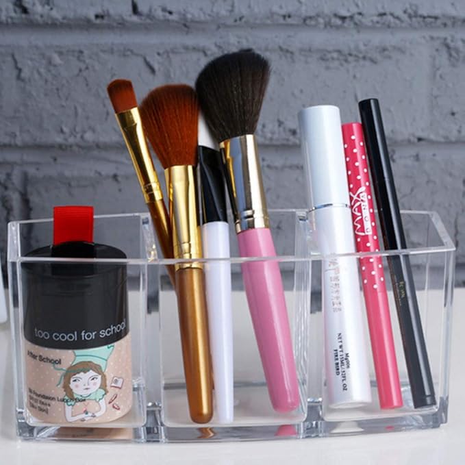 Acrylic Makeup Brush Organizer Holder Clear Cosmetic Brushes Storage with 3 Slots