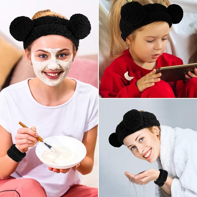 AHONEY Spa Bear Ears Headband, Face Wash Headband and Wristband Set, Cute Makeup Skincare Headbands Wrist Bands for Washing Face Elastic Fluffy Headband for Women Girls Cosmetic (Black)