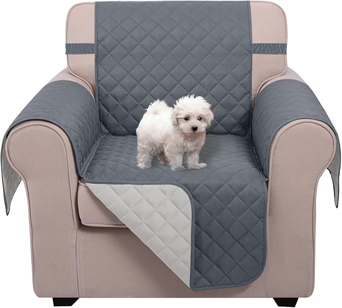 U-NICE HOME Recliner Chair Covers Reversible Chair Cover Pet Covers for Dogs with Elastic Straps Water Resistant Diamond Quilted (23''Armchair, Dark Blue/Light Grey)