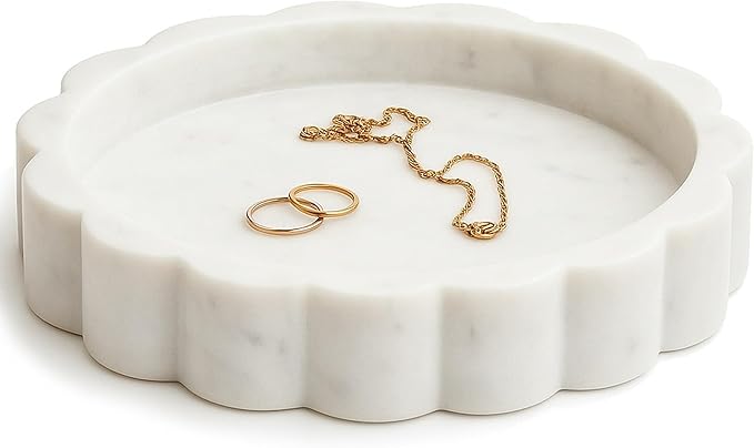 STRONA White Scalloped Marble Tray - 8" Round Stone Vanity Tray for Perfume & Jewelry, Marble Dish for Bathroom Countertop & Kitchen Counter, Decorative Tray for Bathroom & Kitchen, Modern Catchall