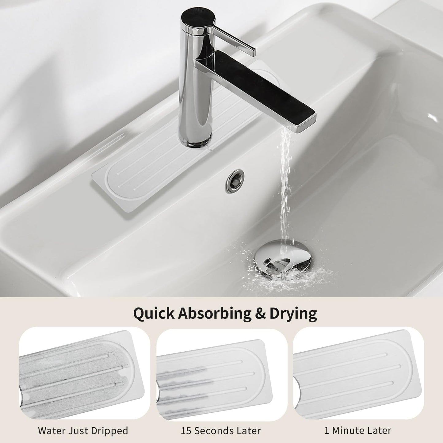 ITTIDYYD Stone Faucet Mat for Kitchen Sink, Diatomite Fast Drying Absorb Moisture Tray, Prevents Water Buildup, Durable Anti-slip Splash Guard Sink Protector (White, 15.7"x4")