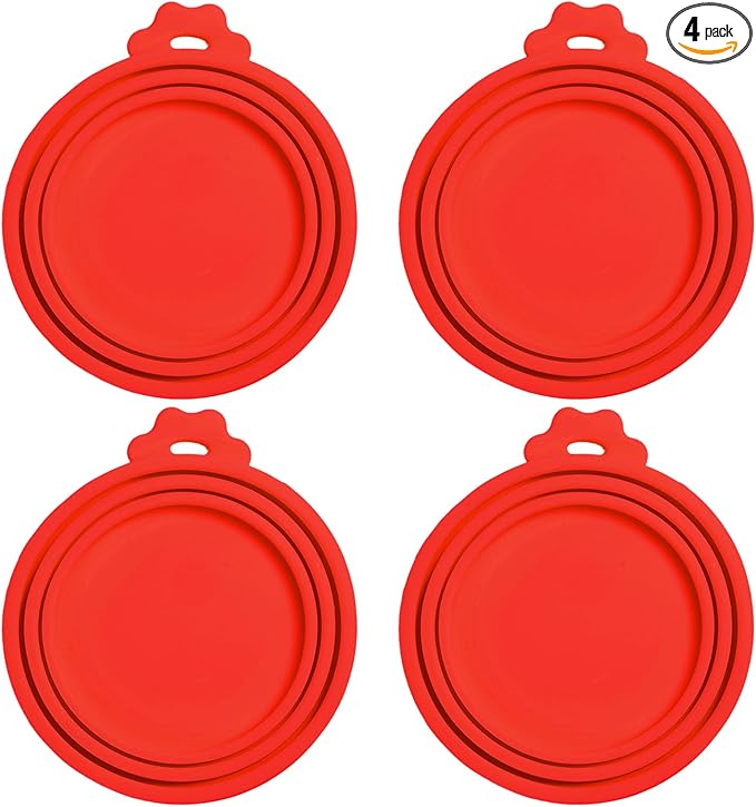 PINE & LINEN 4 Pcs Durable Pet Can Lids,One fit 3 Standard Size Silicone Waterproof Cat Food Cans Lids for 3oz/5.5oz/12.5oz/13.2oz Cat Food Cans（Red）