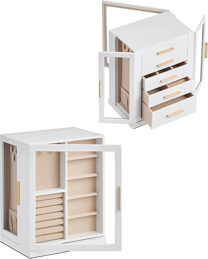 Glimmloop 360ÃÂ° Rotating Jewelry Box with 5 Drawers, Spacious Vertical Jewelry Organizer with Glass Window, Jewelry Storage Case, Dustproof & Moisture-resistant Design, White