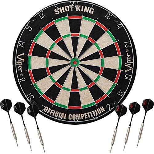 Viper Stadium Cabinet & Shot King Sisal/Bristle Dartboard Ready-to-Play Bundle with Two Sets of Steel-Tip Darts, Throw Line, and Dry Erase Scoreboards, Walnut Finish