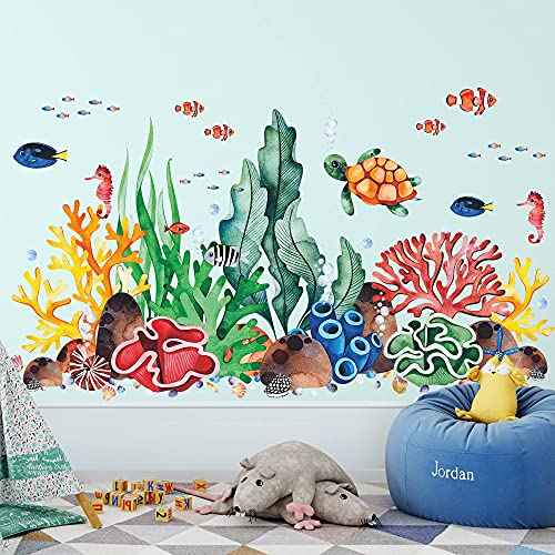 LiveGallery Coral Seaweed Wall Sticker Ocean Life Wall Decals Shell Conch Hippocampus Sea Turtle Tropical Fish Marine Plants Wall Decorations for Kids Bedroom Living Room Nursery Office