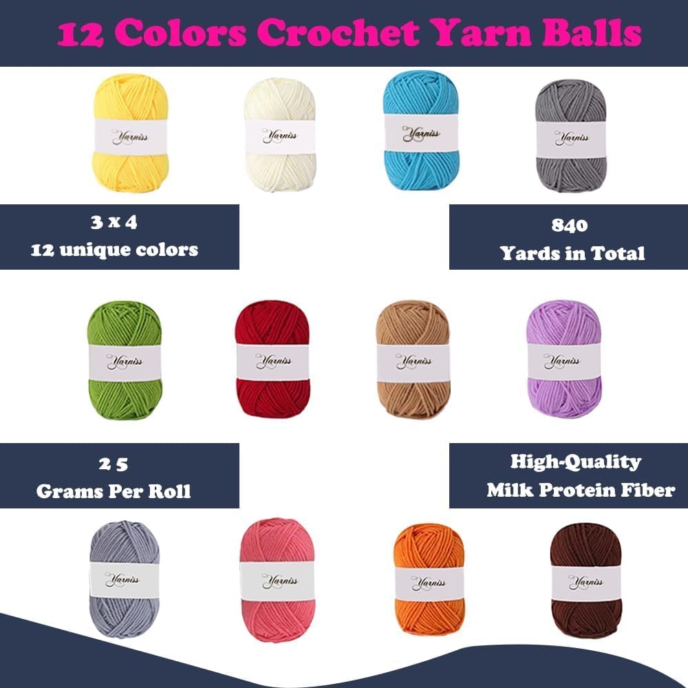 Yarniss Crochet Kits for Beginners,All in One Crochet Kits with 840 Yards Crochet Yarn,Ergonomic Crochet Hooks Set with Yarn for Adults,Navy
