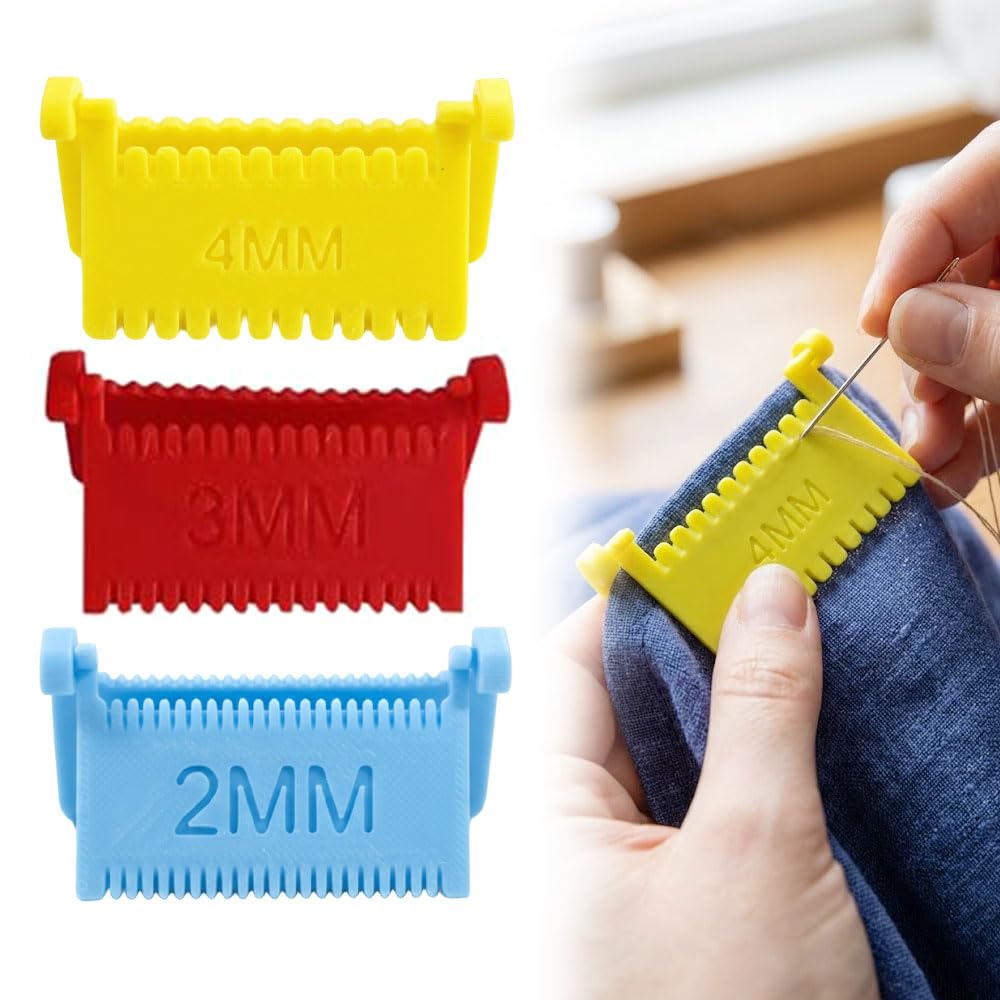 3pcs Clip-On Sewing Ruler, Hand Edge Stitch Lock and Sewing Gauge for Even Stitches, Quilting Templates with 2mm, 3mm, 4mm Spacing (Set C)