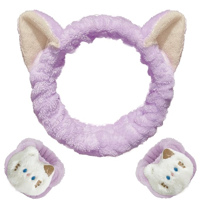 WHAVEL 3PCS Spa Headband and Wristband Set, Cute Cat Ears Headband for Washing Face Makeup, Face Wash Wrist Bands (Purple)