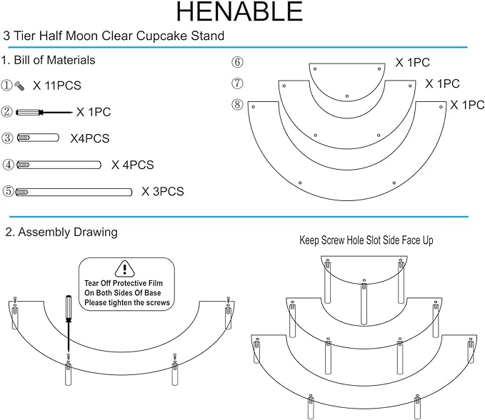 HENABLE Acrylic Display Riser - 3 Tier Clear Cupcake Stand, Perfume Organizer, Half Moon Dessert Stand, Shelf for Food, Amiibo Funko POP Figure Display