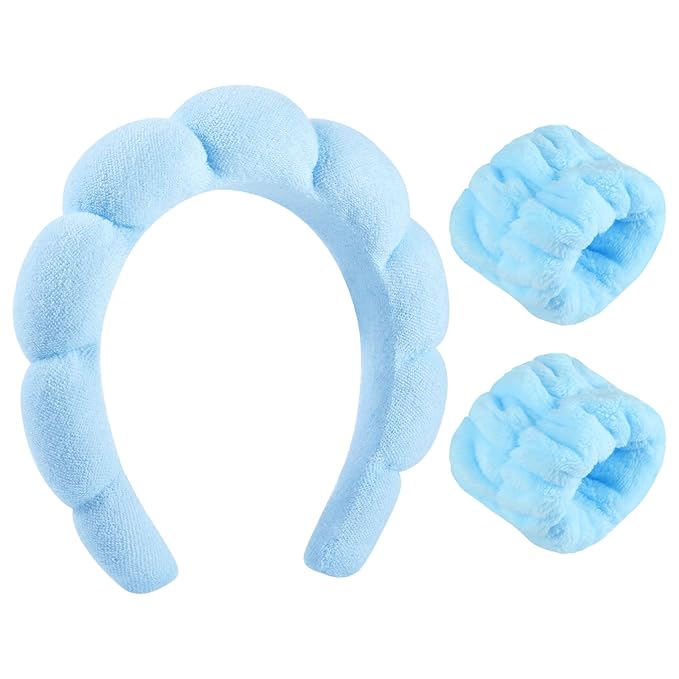 WSICSE Sponge Spa Headband for Washing Face, Blue Skincare Headband and Wrist Washband Set Makeup Hairband for Girls Womens