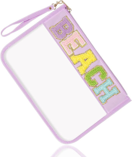 Chenille Letter Clear Bag Beach Purse with Wristlet, Monogram PVC & PU Clear Zipper Pouch, Waterproof Portable Glitter Snacks Makeup Beach Pouch Toiletry Bag for Women Girls (BEACH-Purple)
