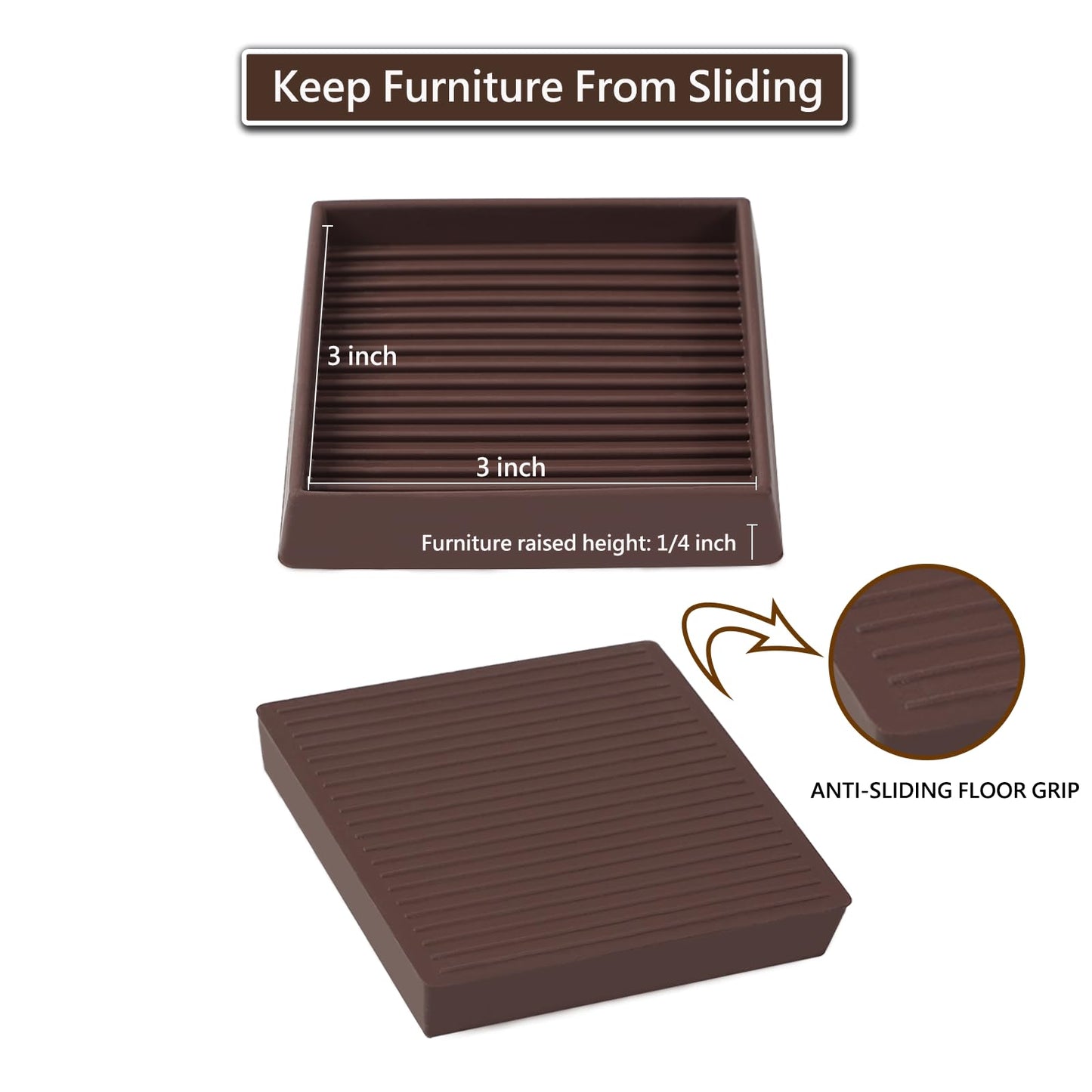 3x3 Non Slip Rubber Furniture Caster Cups for Hardwood Floors, Anti-Slip Square Furniture Coasters Pads Stopper Gripper Floor Protectors for Bed Couch Table