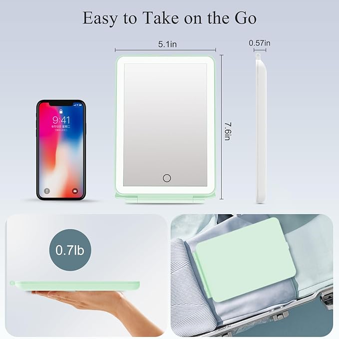 FUNTOUCH Rechargeable Travel Makeup Mirror with Lights, Portable 72 Led Lighted Makeup Mirror, 3 Color Lighting, Dimmable Touch Screen, Type C, Tabletop LED Folding Cosmetic Vanity Mirror