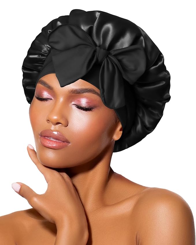 BONNET QUEEN Small Silk Bonnet for Sleeping Women Anti-Frizzy Satin Bonnet Night Sleep Cap Wrap for Curly Hair with Adjustable Tie Band, Double Layer, Black
