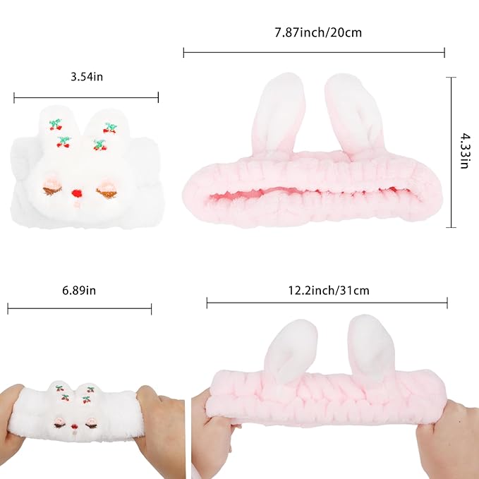 YISSION Cute Bunny Ear Spa Headband & Wristband Set for Women and Girls - Soft Plush Makeup Headband with Embroidered Bunny & Cherry Wrist Towels for Face Washing, Skincare, Easter (White & Pink)