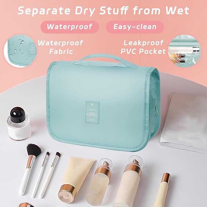 Toiletry Bag Travel Bag with Hanging Hook, Waterproof Capacity Hanging Multifunctional Makeup Bag for Toiletries, Portable Cosmetic Bag Travel Organizer for Women and Men(Light Blue)