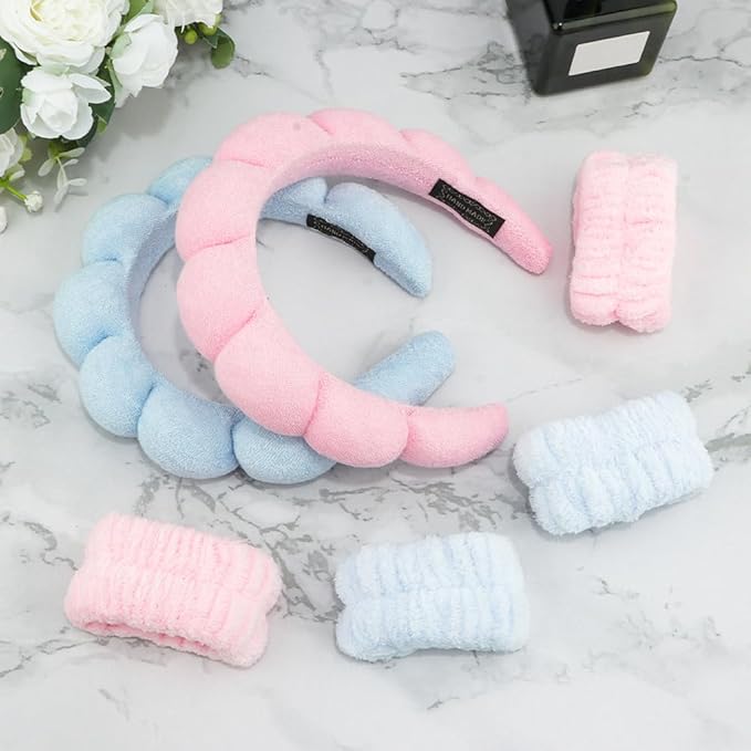 SPA Headbands for Washing Face Makeup Headbands with Bow Hair Band Women Facial Head Band Wrist Towel Wraps For Shower Face Mask Blue Pink, 6 Pack