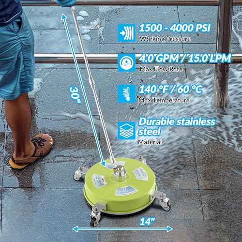 M MINGLE 14'' Pressure Washer Surface Cleaner, Stainless Steel Pressure Washer Attachments with 4 Wheels for Driveway and Concrete Cleaning, 1/4" Quick Connect, 2 Extension Wands, 4000 PSI
