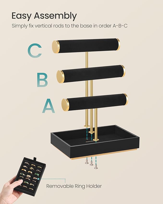 SONGMICS Bracelet Holder Stand, Jewelry Display Stand, Jewelry Organizer, with 3 Tiers and Velvet Tray, Removable Ring Holder, Ink Black UJJS027B01