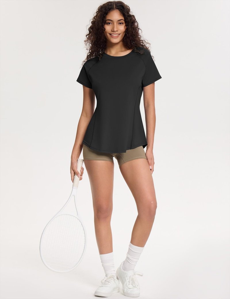 Loovoo Workout Tops for Women Short Sleeve Raglan Athletic Shirts Yoga Gym Crewneck Quick Dry Tshirts Black L