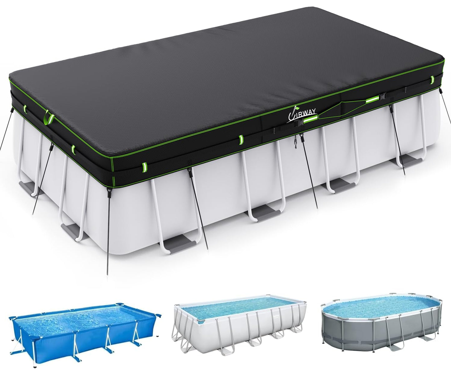 UIRWAY 7x10 FT Rectangular Pool Cover with Reflective Strips, Swimming Pool Covers for Above Ground Pool, Solar Cover Including Rope Tie and Luminous Ground Nails for Rectangular or Oval Pools