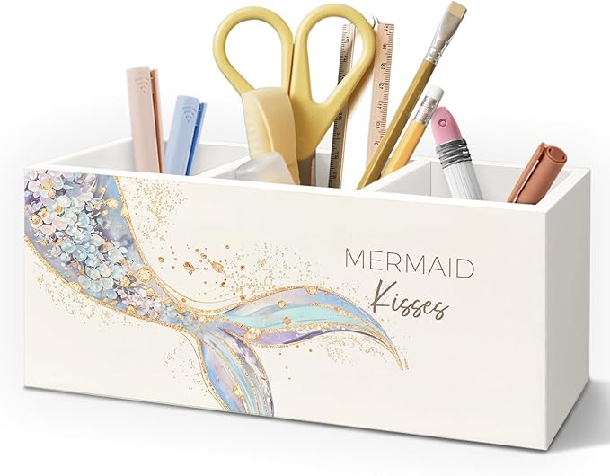Mermaid Decor Pen Pencil Holder for Desk, Beach Office Decor, Coastal Glitter Glam Mermaid Tail Beach Wooden Box Decorative Sign for Girls Dorm Apartment Desk Tabletop Decor