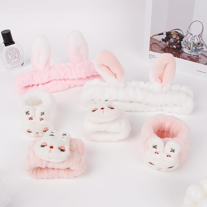 YISSION Cute Bunny Ear Spa Headband & Wristband Set for Women and Girls - Soft Plush Makeup Headband with Embroidered Bunny & Cherry Wrist Towels for Face Washing, Skincare, Easter (White & Pink)
