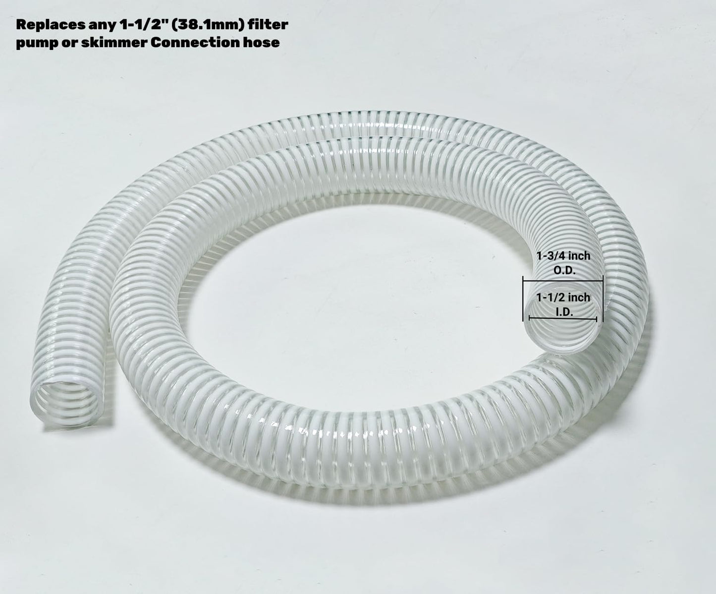 1 1/2 "-12 Ft Pool Filter Pump Connection Hose Premium Kink Free PVC Swimming Replacement Tube for Above Ground Pools, Includes 2 Hose Clamps and Can Be Cut as Needed