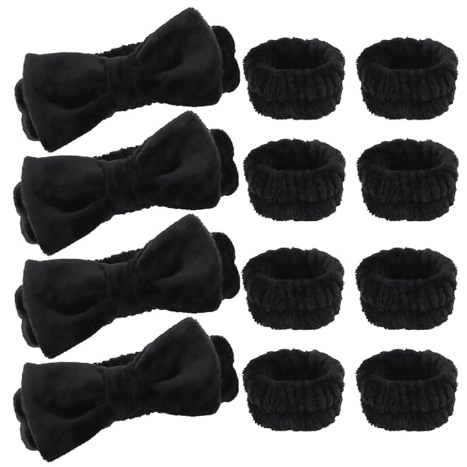 AOPRIE SPA Headbands for Washing Face Makeup Headbands with Bow Hair Band Women Facial Head Band Laurel Wrist Towel Wraps For Shower Face Mask Black, 12 Pack