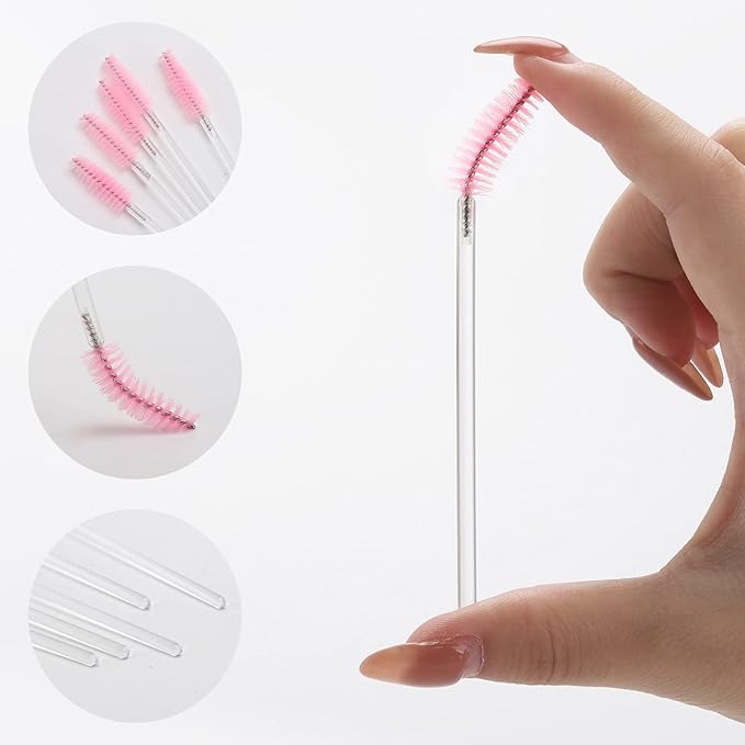 100 Pcs Disposable Mascara Wands, Crystal Eyebrow Spoolies Brush for Eyelash Extensions, Makeup Applicators Kits Eyelash Brush with Container (Pink)