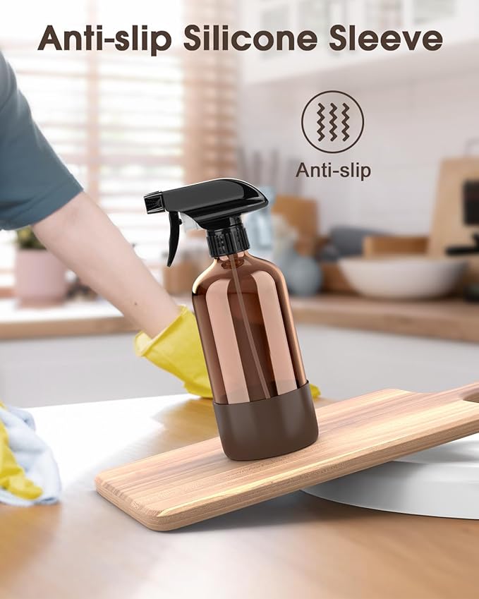 Bontip Glass Spray Bottle with Silicone Sleeve Protection, Amber Glass Spray Bottle Set for Window Cleaner Aromatherapy Facial Hydration Watering Flowers Hair Care 2 Pack/16 oz (Brown, 16 oz)