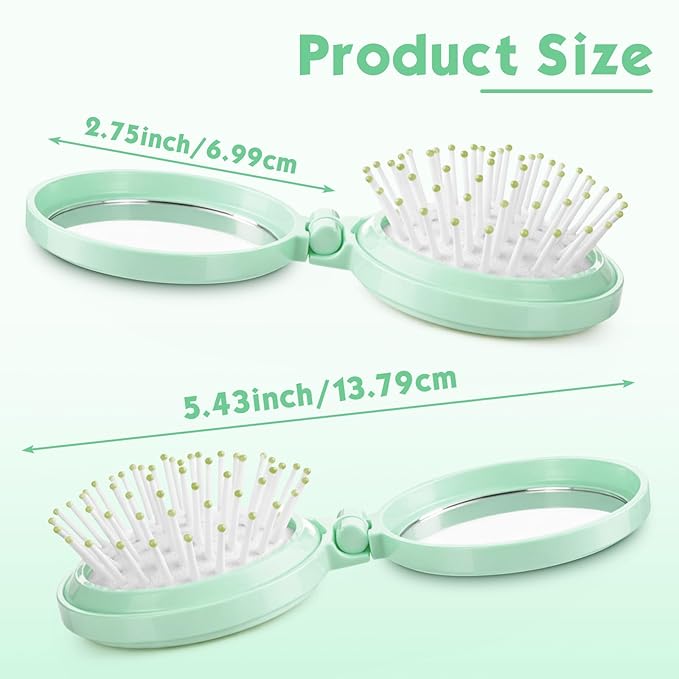 Boao 2 Pack Foldable Travel Mirror Hair Brushes Round Portable Folding Pocket Hair Brush Mini Comb Compact Travel Size Massage Comb for Men Women (Green,Round)