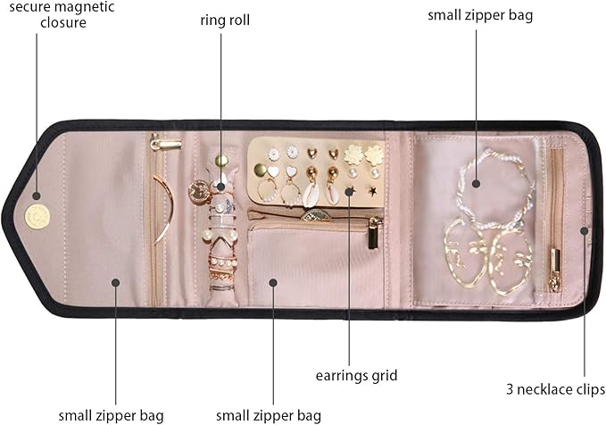 BAGSMART Travel Jewelry Organizer Case Foldable Jewelry Roll for Journey Rings, Necklaces, Earrings, Bracelets, Mini, Black