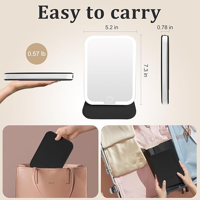 Rechargeable Travel Mirror with Light, LED Makeup Mirror with Lights, Portable Vanity Mirror with 3 Color Lighting, Touch Dimmable Lighted Cosmetic Mirror, Travel Essentials (Black)