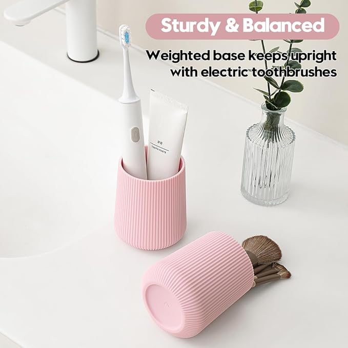 YAUKPH Pink Striped Toothbrush Holder for Electric Toothbrushes Bathroom Organizer Cup for Toothpaste Kids & Adults