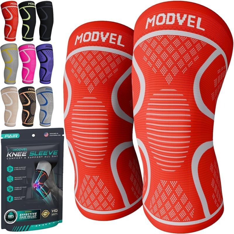Modvel Compression Knee Brace for Women & Men - 2 Pack Knee Brace for Women Running Knee Pain, Knee Support Sleeve, Workout Sports Braces for Meniscus Tear ACL & Arthritis Pain Relief Orange XX-Large