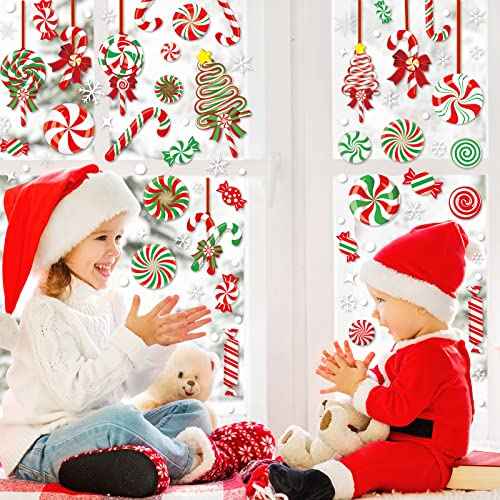 AnyDesign 9 Sheet Christmas Window Clings - Candy Cane Lollipop Peppermint Decals - Double-Sided Merry Christmas Decor for Home, School, Office, Candyland Party Supplies