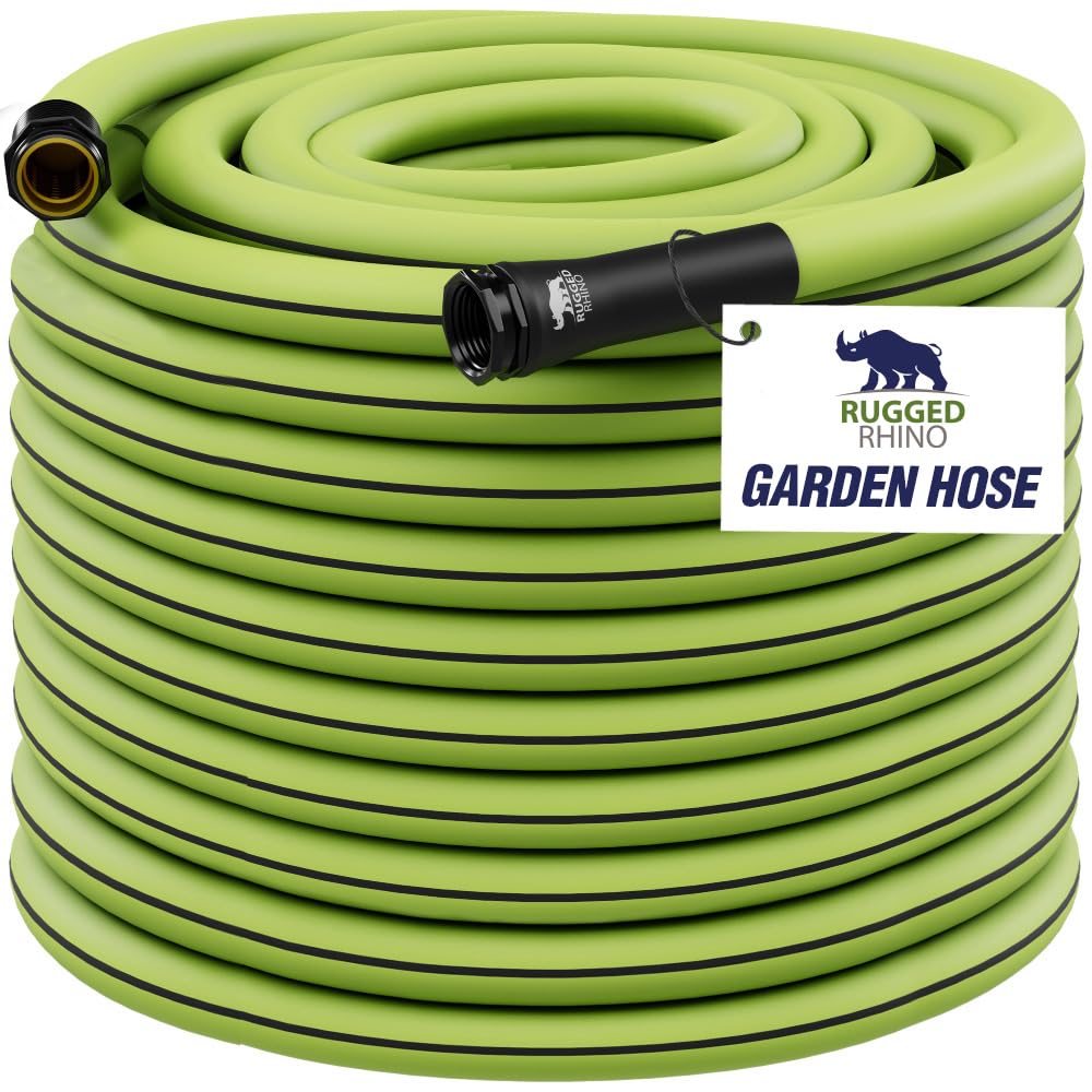RUGGED RHINO Heavy Duty Garden Hose 25ft x 5/8in, Anti-Kink and Leakproof, Durable 4-Layer Construction, 500 PSI Burst, All Weather Outdoor Watering for Lawn, Garden, Flowers, Green and Black