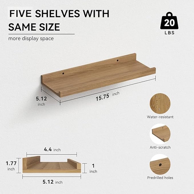 RICHER HOUSE 5 Set Floating Shelves for Wall Decor, Wall Mounted Book Shelf, Nursery Shelves Picture Ledge Shelf with Lip for Storage, Bedroom, Living Room, Bathroom - Oak
