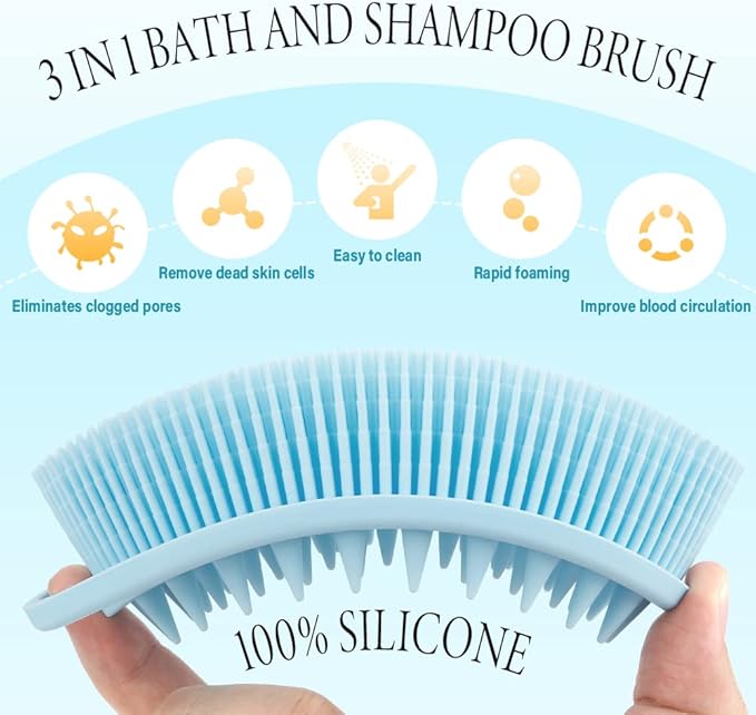 2 in 1 Silicone Body Scrubber Shampoo Brush, Shower Scrubber, Bath Scrubber,Exfoliating Scalp Massager, Loofah Clean Sanitary,Rapid Foaming-3 Pack, Black+blue+pink（new）, PQRUU54635