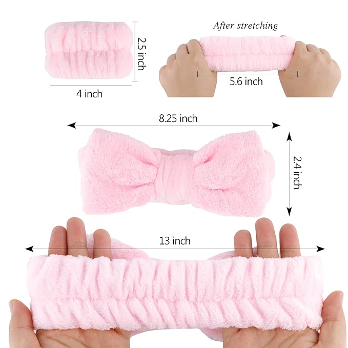 Casoty 6 Pcs Pink Spa Headband and Wristband Set, Microfiber Material, Strong Elasticity, Wide Application for Makeup, Yoga, Reading, Work, Halloween Costume, Pajama Parties, Mother's Day Gift
