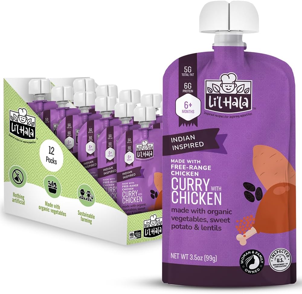 Li'l Hala Chicken Baby Food Meat Pouch | Indian Curry (12 ct) | 6+ Months Savory Baby Food Pouches with Protein and Organic Veggies, Toddler Snacks with Iron & Fiber | Stage 2 Meat Puree
