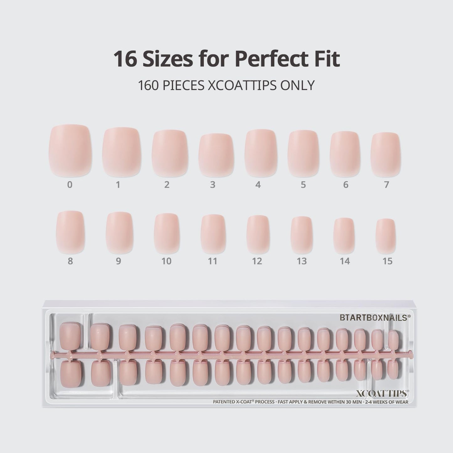 BTArtboxnails XCOATTIPS Bare 5-Shades Nude Press on Nails - 4-Week Wear Extra Short Squoval Press on Nails, Easy to Apply, Soak Off, Salon Quality Value at Home, 16 Sizes - 160 Fake Nails