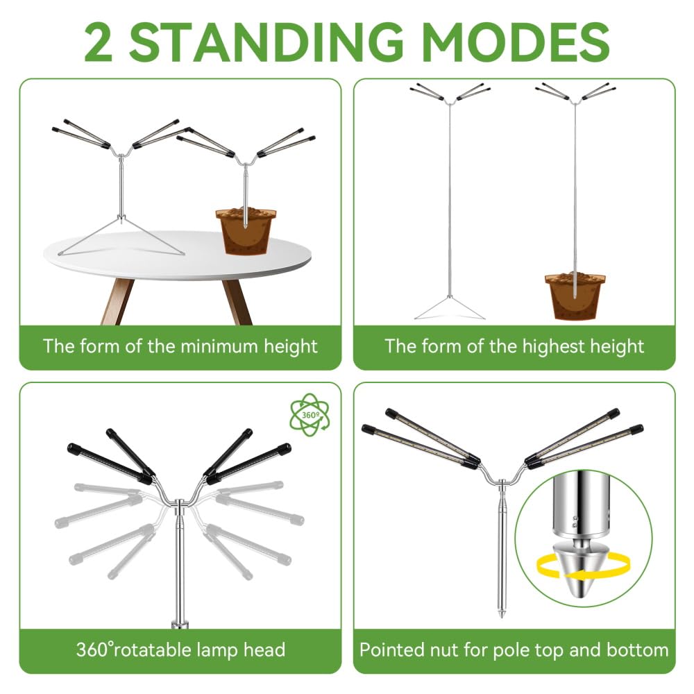Grow Lights for Indoor Plants Full Spectrum,15-62 Inches Height Adjustable Dsektop and Standing Plant Growing Lights with Detachable Tripod Stand for Large and Small Plants, Auto On/Off Timer