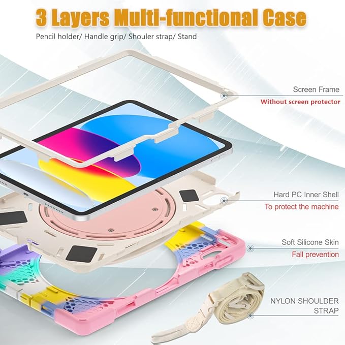 SCSVPN Kids Case for iPad (A16) 11th/10th Generation 11-inch/10.9 Inch 2025/2022, Full Body Shockproof Protective Cover with Pencil Holder, Rotating Stand & Handle, Shoulder Strap - Colorful Pink