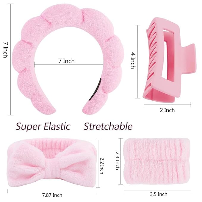 5 Pcs Spa Headbands for women and girls face washing, makeup, facial skin care, fluffy sponge SPA hairband bow hairband hairpin wristband set. (pink)